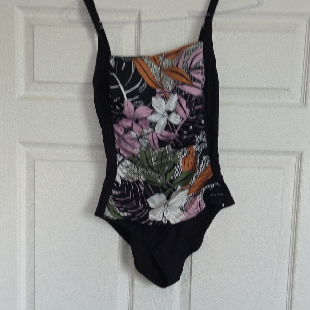 Black and Pink Floral One Piece Swimsuit